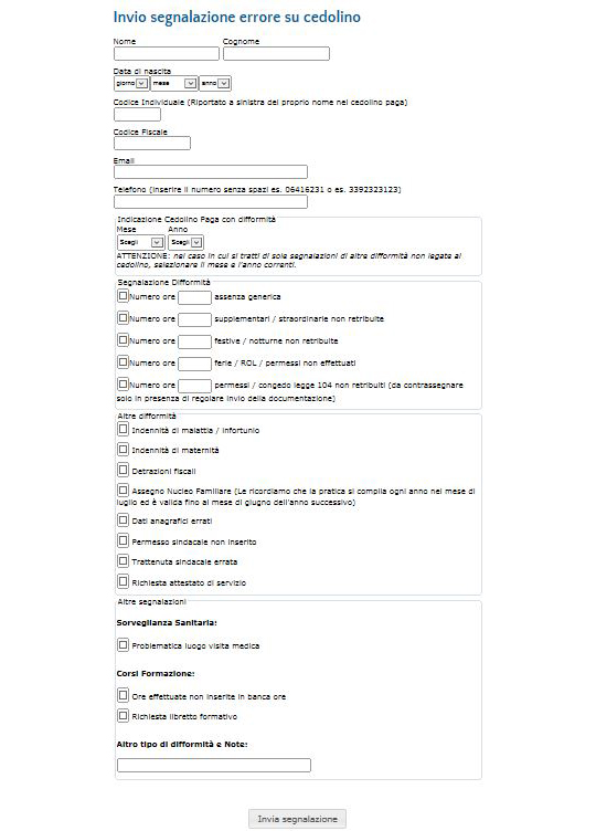 Screen Shot Form Segnalazione difformità dipendente Screen Shot Form Segnalazione difformità dipendente